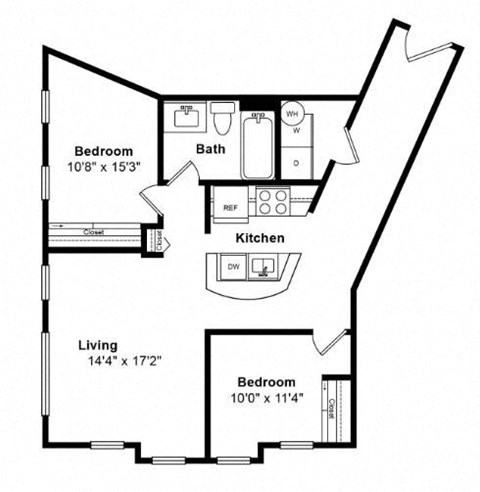 Floor plan for 2 beds, 1 bath, 958 sqft